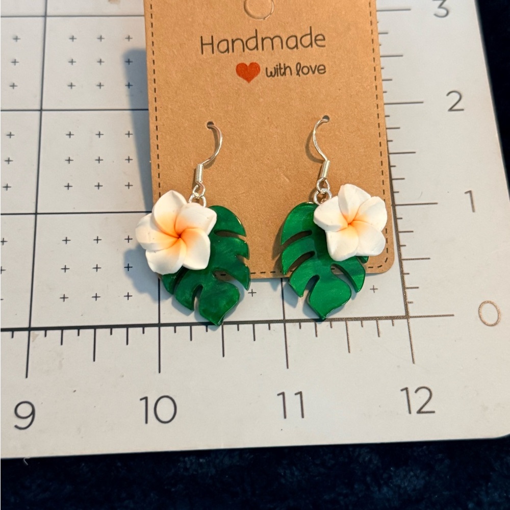 Sterling Silver Tropical Monstera Leaf Epoxy Earrings with White Plumeria - Picture 2 of 3